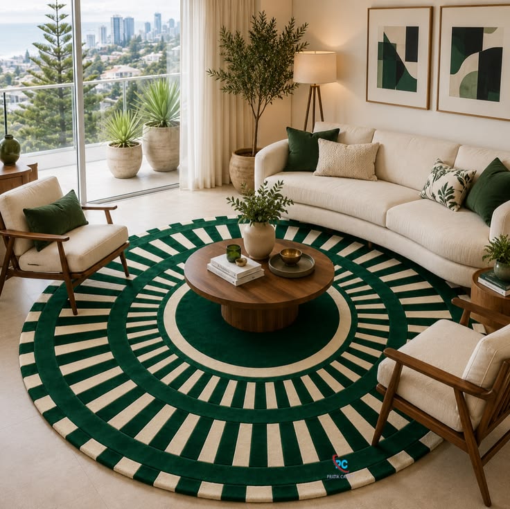 Luxury Green Round Wool Rug